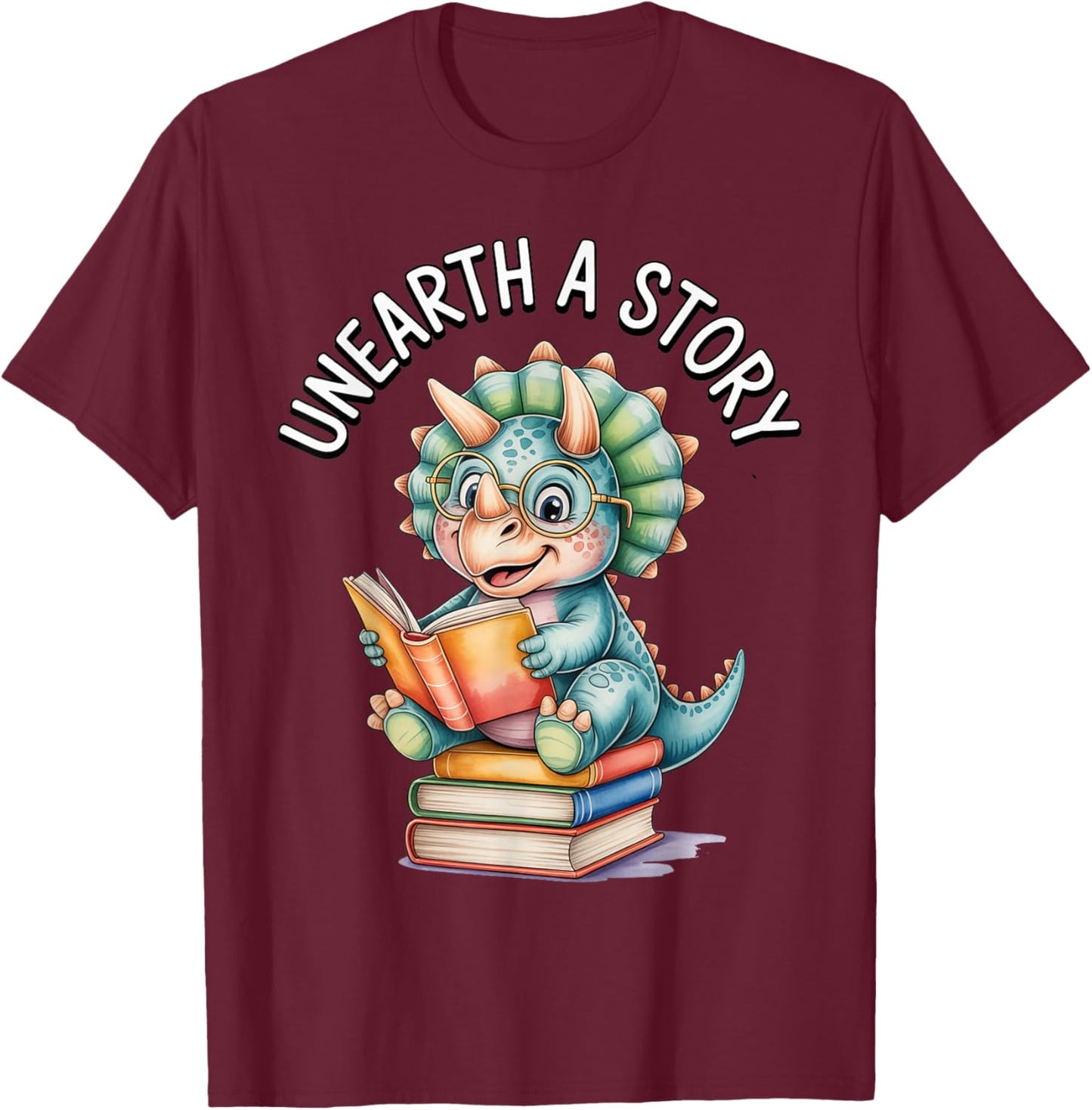 Unearth a Story Triceratops Reading Dinosaur Summer 2026 T-Shirt - T-Shirt | Maroon