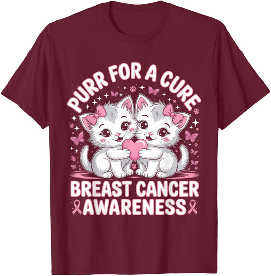 Purr for A Cure – Cute Cat Breast Cancer Awareness Support T-Shirt - T-Shirt | Maroon