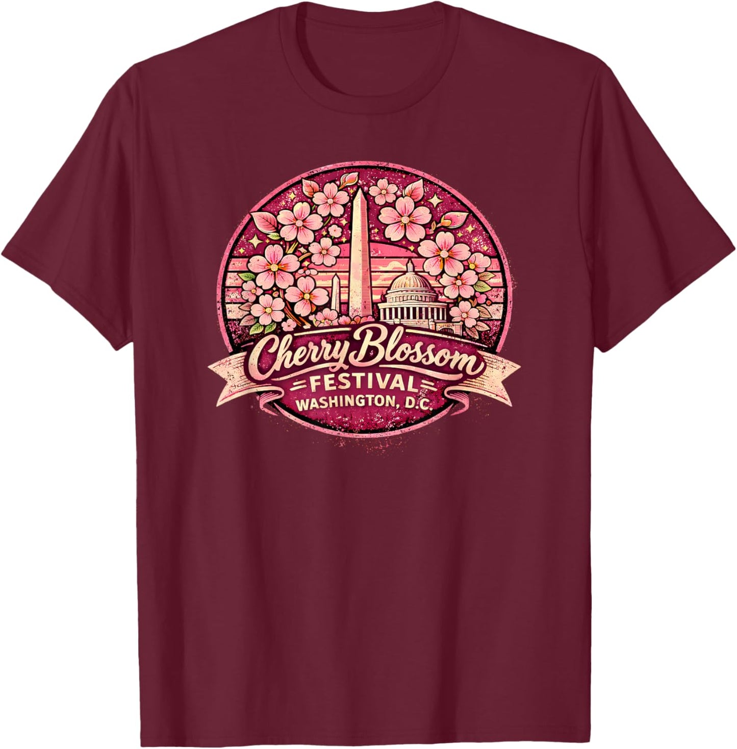 Spring Cherry Blossom Festival Washington DC Floral Artwork T-Shirt - T-Shirt | Maroon