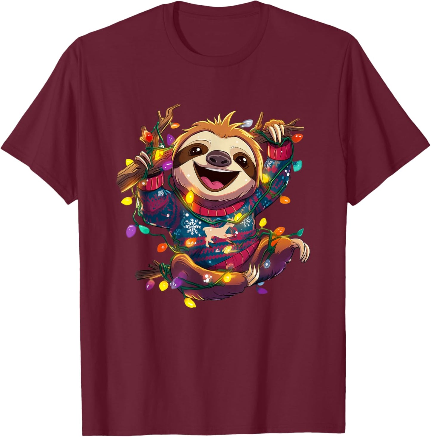 Colorful Sloth with Christmas Light and Xmas Sweater T-Shirt - T-Shirt | Maroon