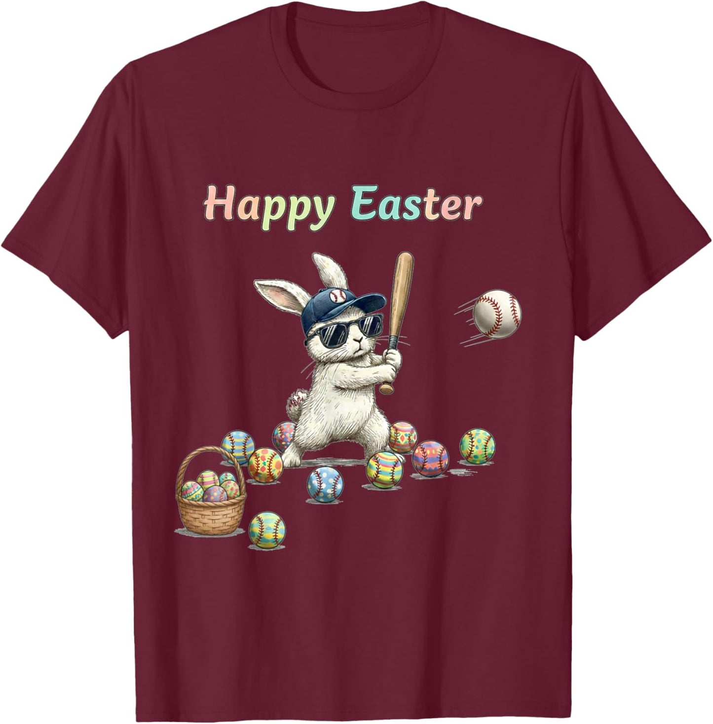 Happy Easter Bunny Playing Baseball Easter Rabbit Sport T-Shirt - T-Shirt | Maroon