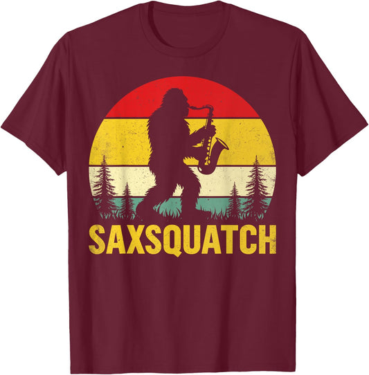 Sax-Squatch Saxophonist Sasquatch Bigfoot Playing Saxophone T-Shirt - T-Shirt | Maroon