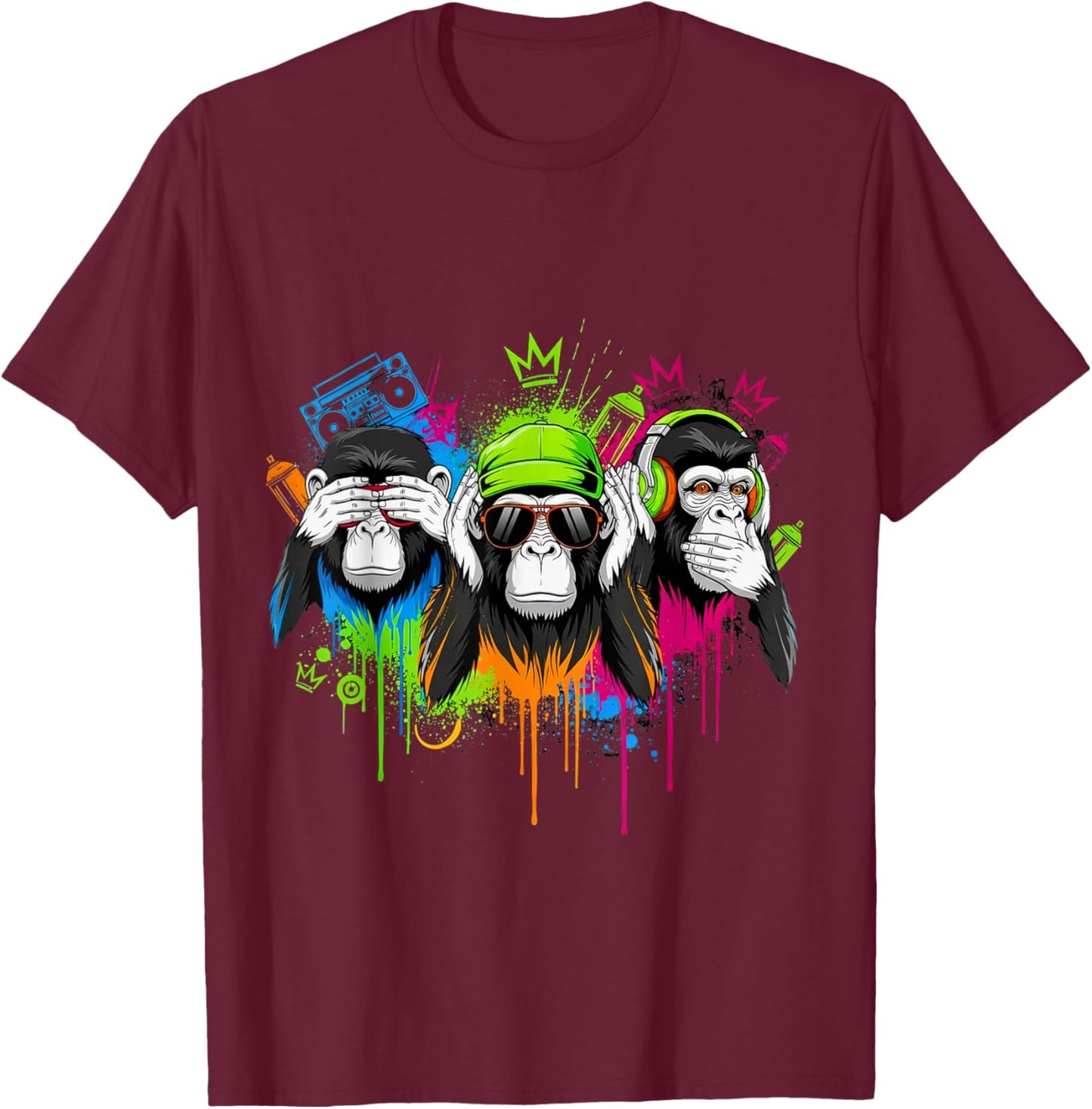 Three Wise Monkeys Urban Graffiti Street Art Style T-Shirt - T-Shirt | Maroon