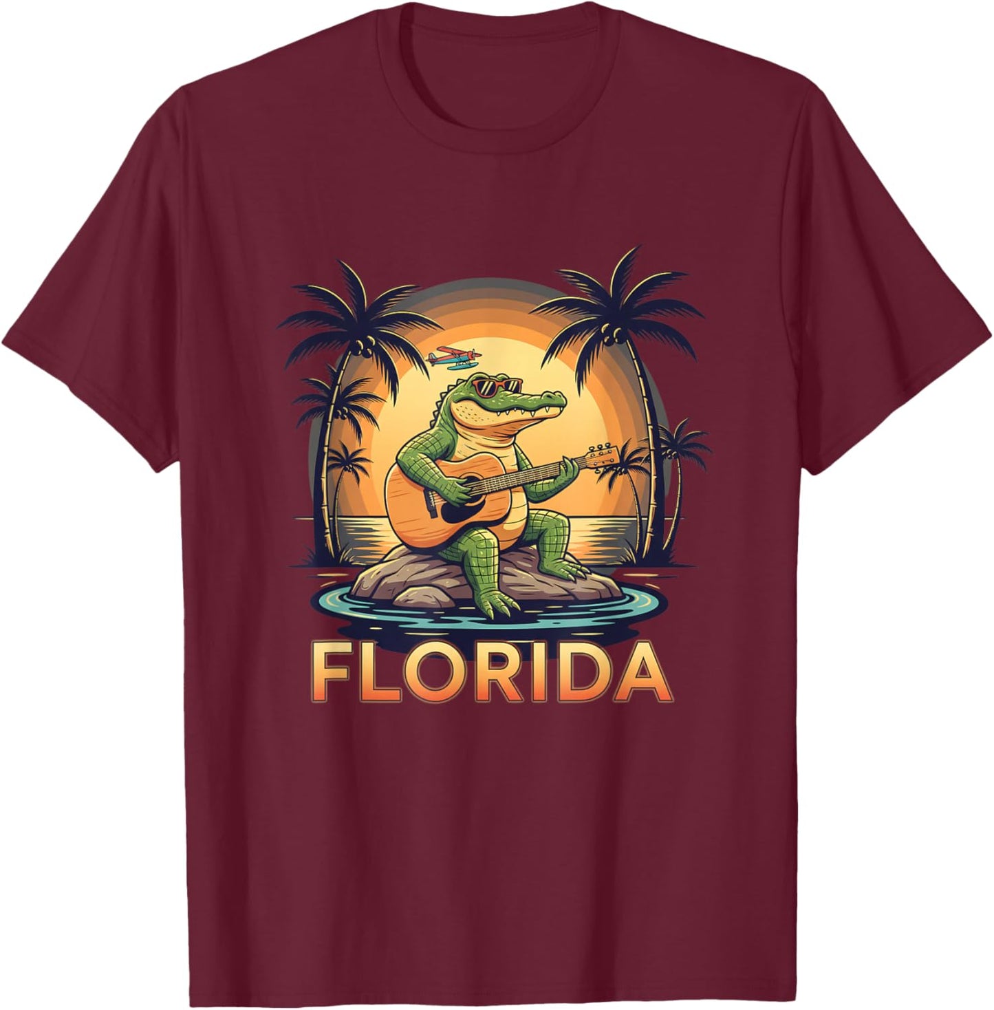 US States Florida Gator Sunset, & Palm Tree T-Shirt - T-Shirt | Maroon