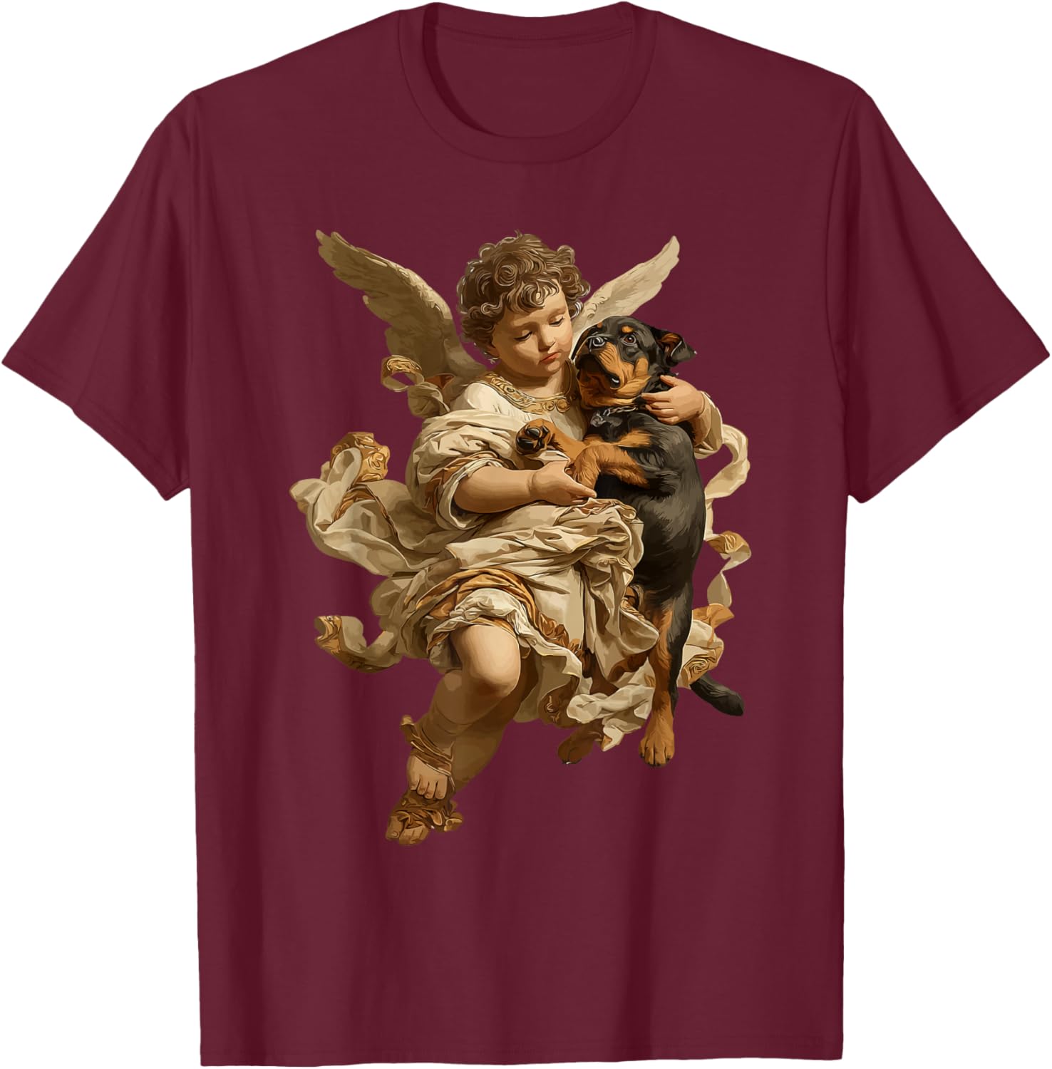 Cherub Angel with Rottweiler Dog Baroque Renaissance Art T-Shirt - T-Shirt | Maroon
