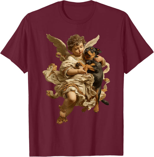Cherub Angel with Rottweiler Dog Baroque Renaissance Art T-Shirt - T-Shirt | Maroon