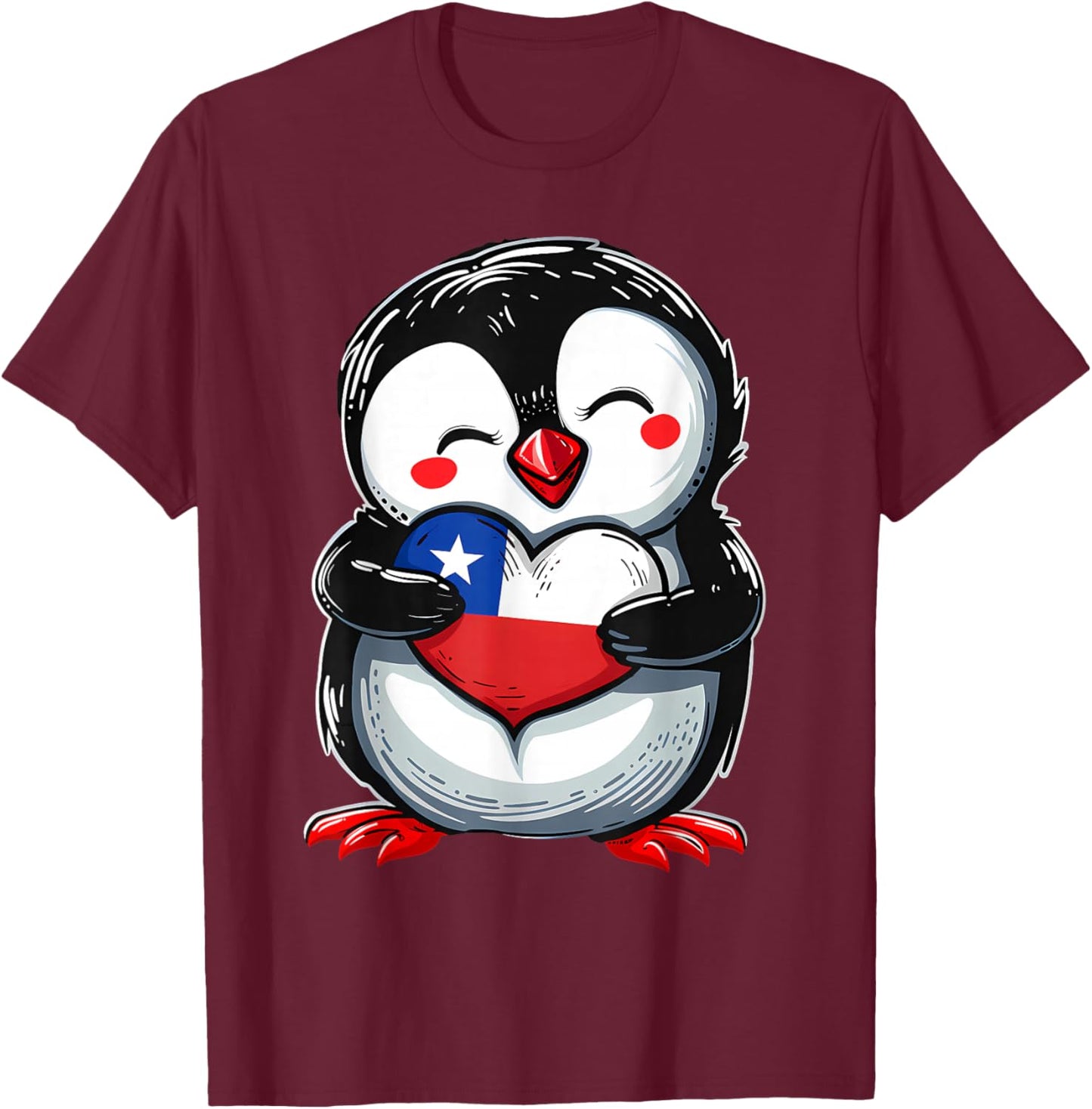 Chile Flag Penguin Heart Chilean Flag Chilean Roots Pride T-Shirt - T-Shirt | Maroon