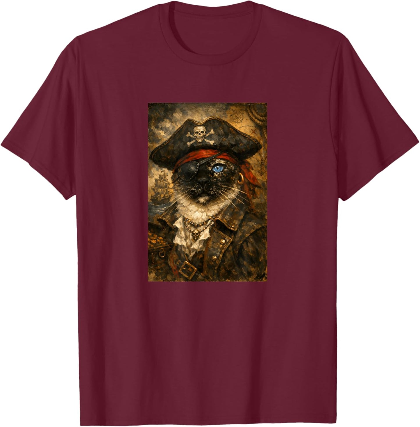 Funny Pirate Cat Vintage Oil Painting Portrait Eye Patch T-Shirt - T-Shirt | Maroon