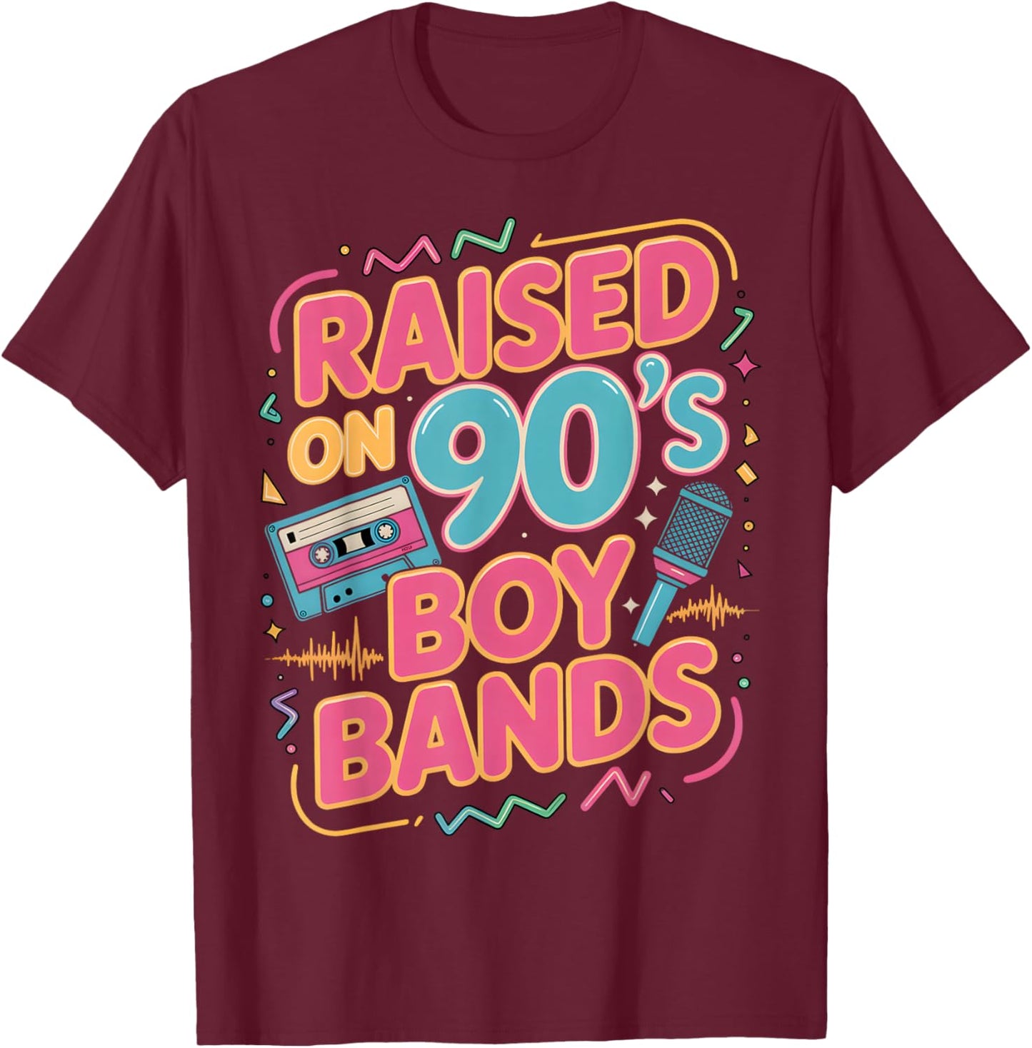 Raised On 90s Boy Band Retro Pop Music Cassette Microphone T-Shirt - T-Shirt | Maroon