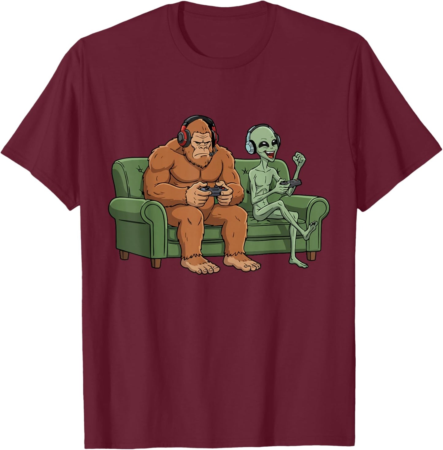 Bigfoot Alien Video Games Gaming Sasquatch UFO Men Boys Kids T-Shirt - T-Shirt | Maroon