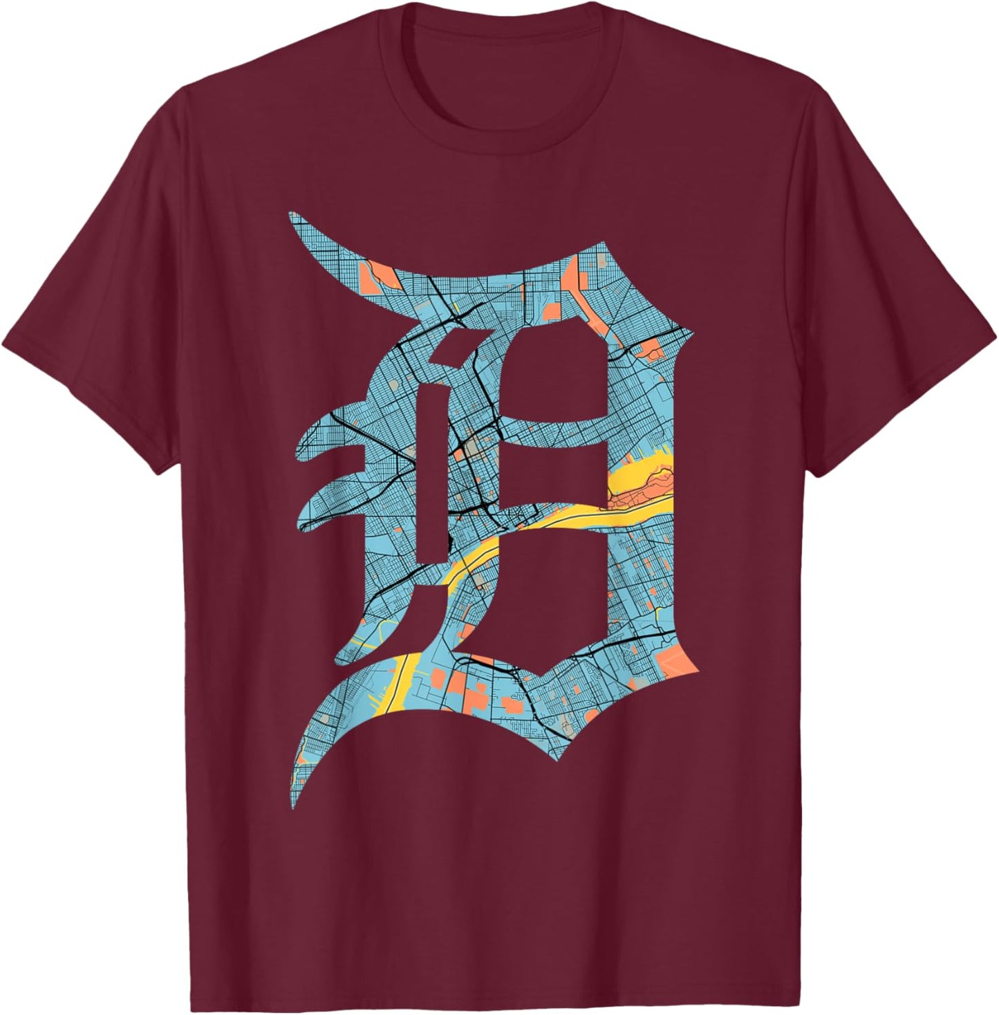 Distressed Detroit D Logo Lettering Road Map Native Design T-Shirt - T-Shirt | Maroon