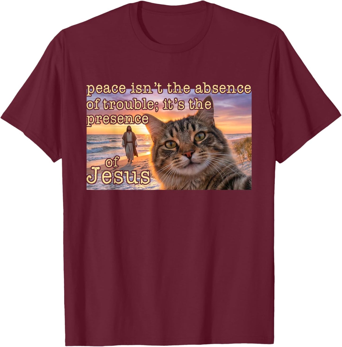 Christian Cat Selfie Peace Presence of Jesus Funny Faith T-Shirt - T-Shirt | Maroon