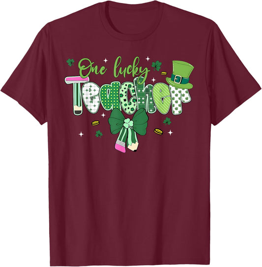 Saint Pattys St Patrick Day Shamrock One Lucky Teacher Retro T-Shirt - T-Shirt | Maroon