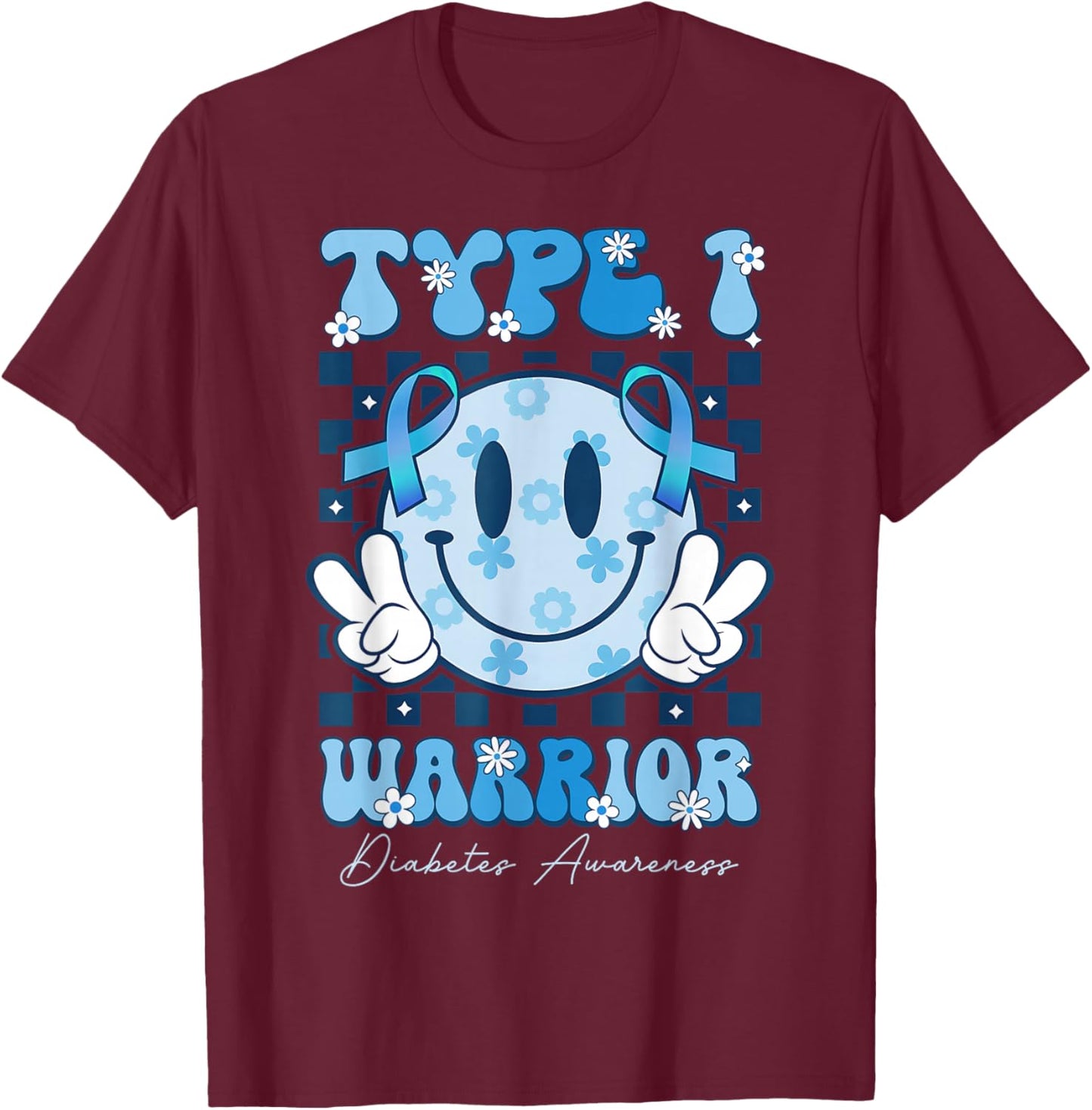 T1D Warrior Type 1 Diabetes Awareness Blue Ribbon Cute Face T-Shirt - T-Shirt | Maroon