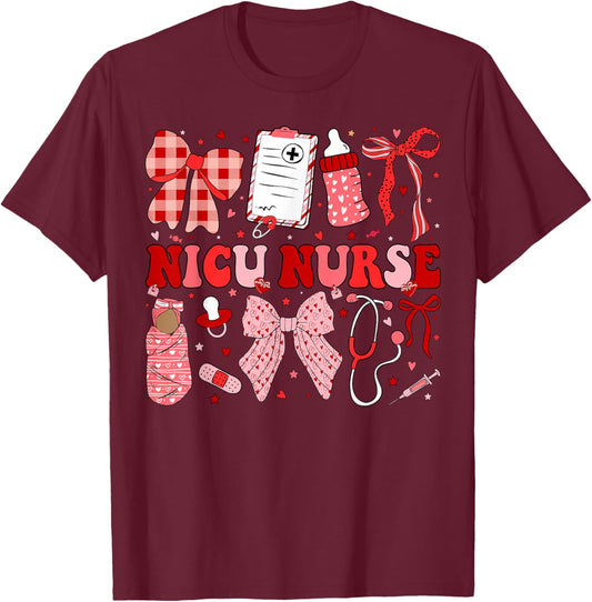 Neonatal Intensive Care Unit Coquette NICU Nurse Valentines T-Shirt - T-Shirt | Maroon