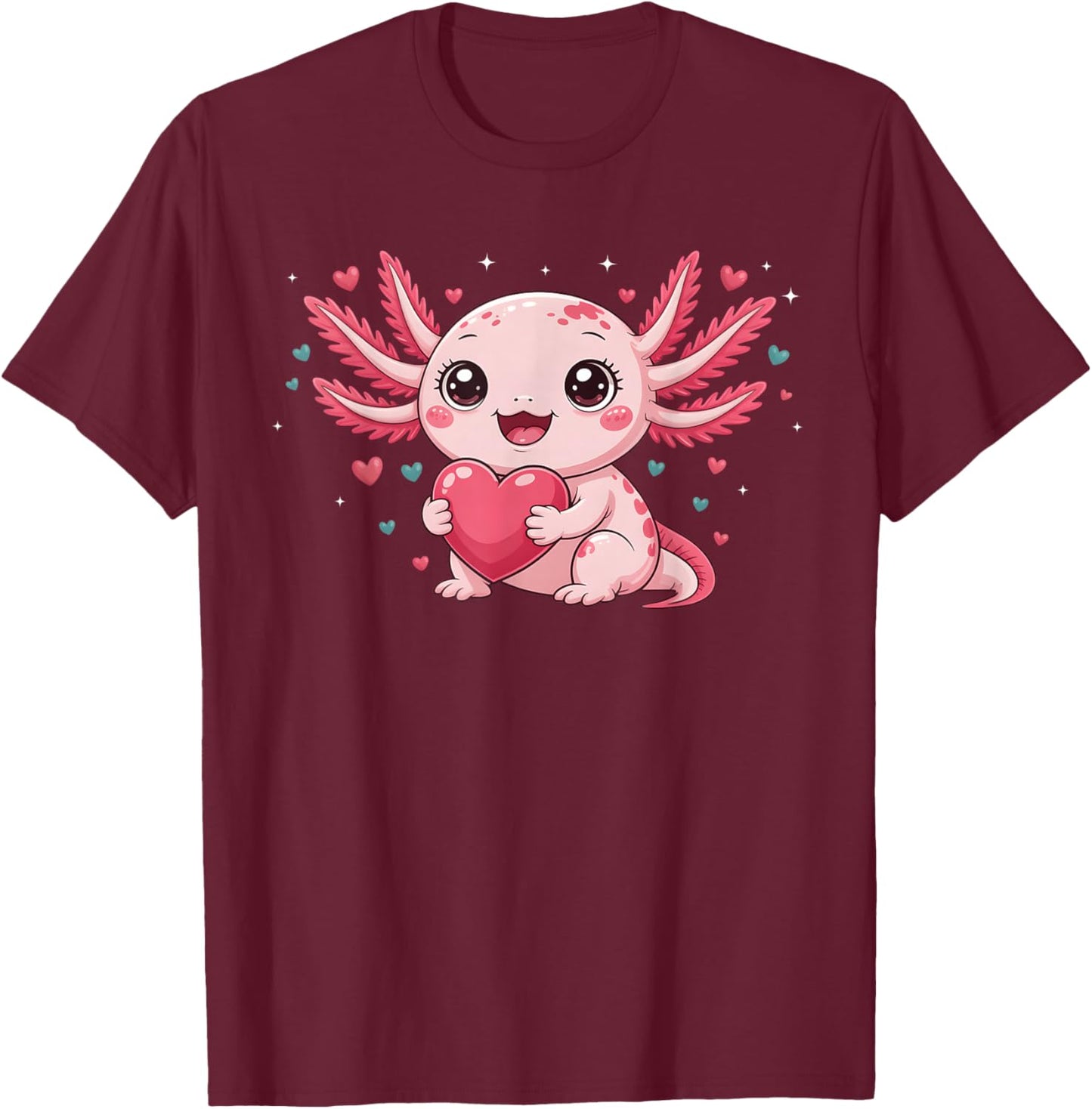 Valentine Cute Pink Axolotl Lovers Heart Girl Women Kid T-Shirt - T-Shirt | Maroon