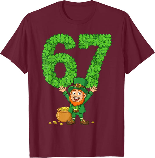 67 Bruh Shamrock Leprechaun Funny Six Seven St Patrick's Day T-Shirt - T-Shirt | Maroon