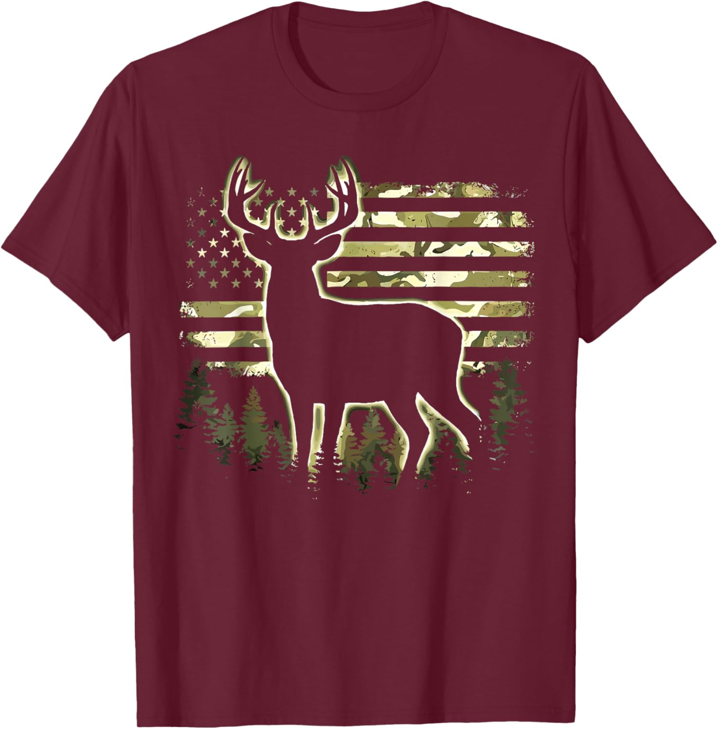 Deer US Flag Camo Hunting T-Shirt - T-Shirt | Maroon