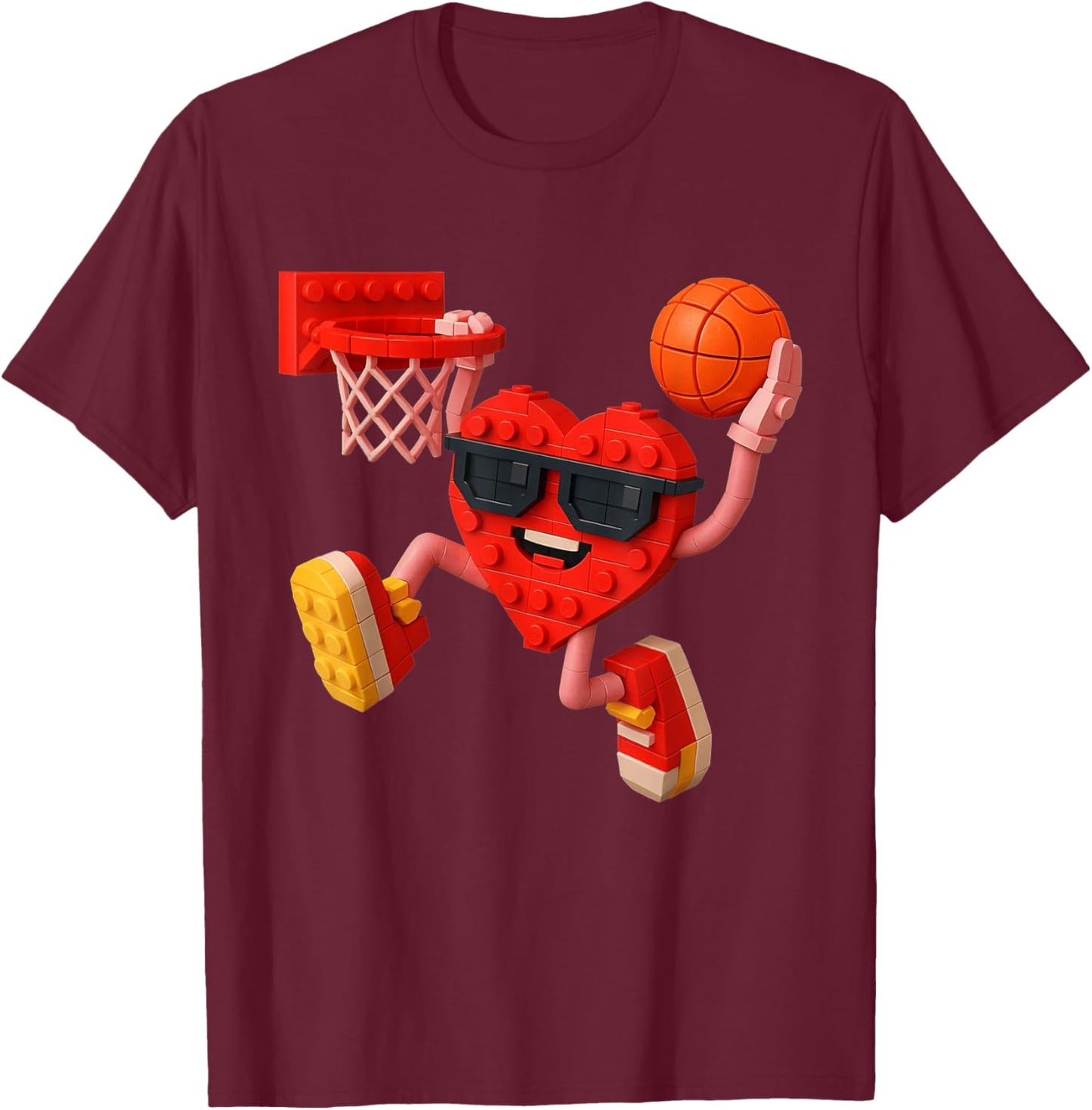 Basketball Heart Valentines Day Building Brick Boys Kids T-Shirt - T-Shirt | Maroon
