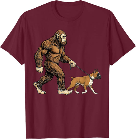 Bigfoot Walking Boxer Dog Funny Sasquatch Pet Lover T-Shirt - T-Shirt | Maroon
