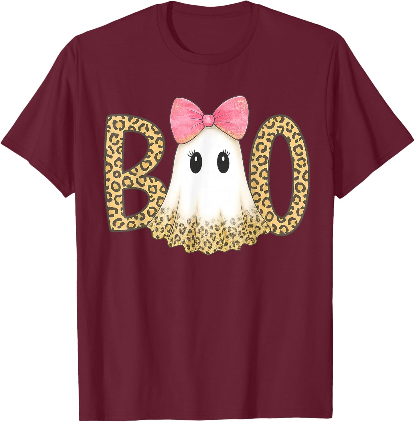 Cute Leopard Print Boo Ghost with Pink Bow Halloween T-Shirt - T-Shirt | Maroon
