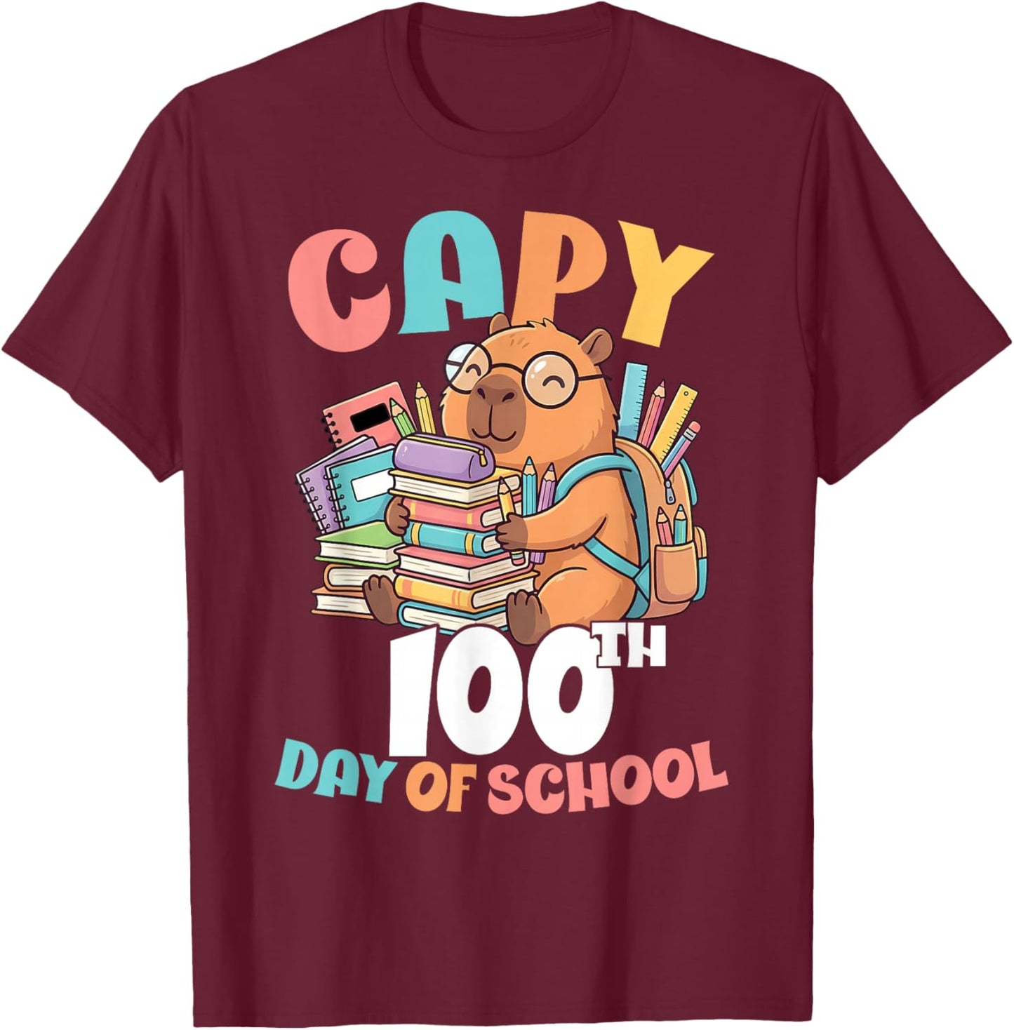 Capy 100th Day of School Capybara 100 Days of School Kids T-Shirt - T-Shirt | Maroon