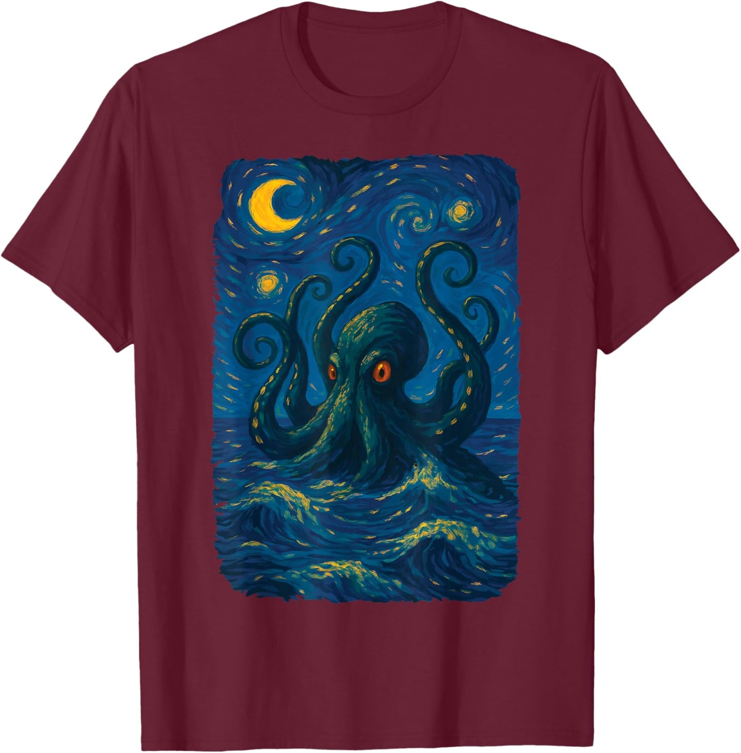 Starry Night Kraken Ocean Art Van Gogh Octopus Sea Monster T-Shirt - T-Shirt | Maroon