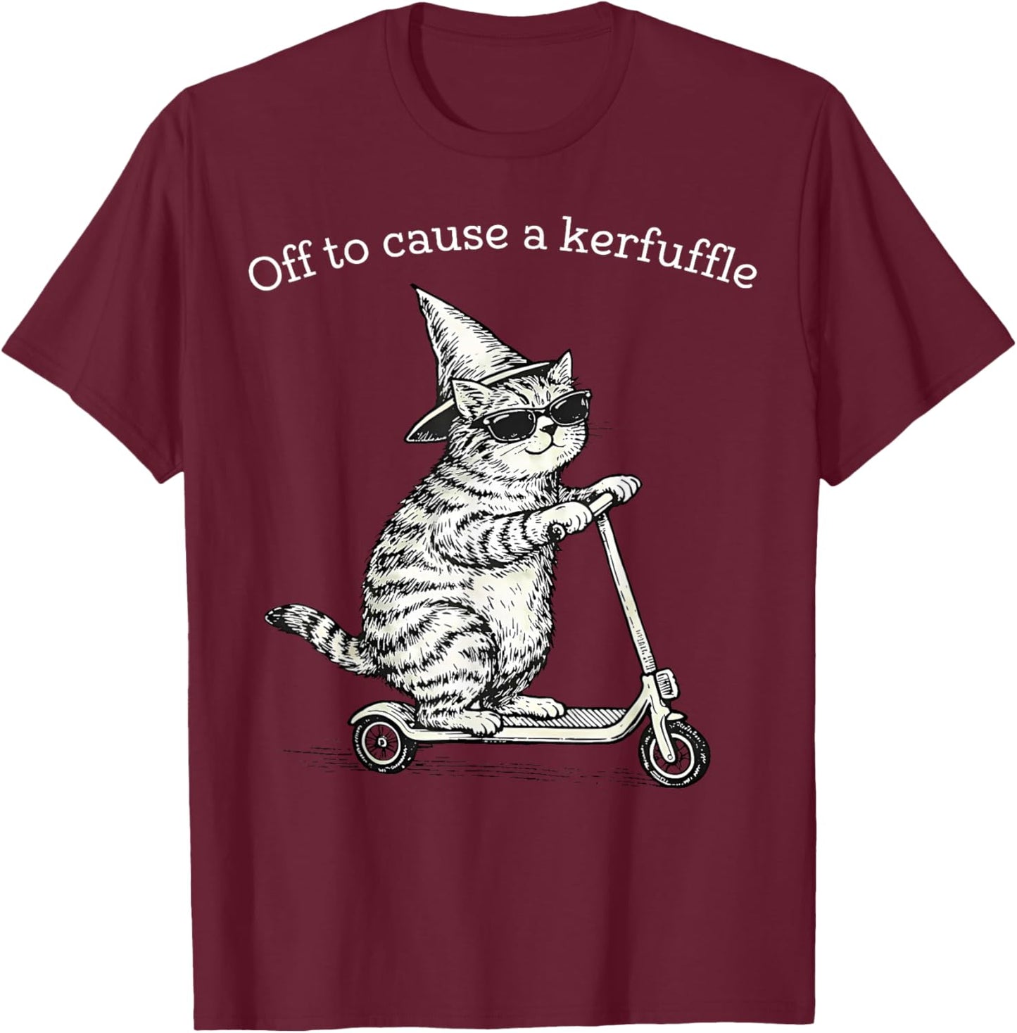 Off to Cause A Kerfuffle Funny Cat Scooter Wizard Men Women T-Shirt - T-Shirt | Maroon