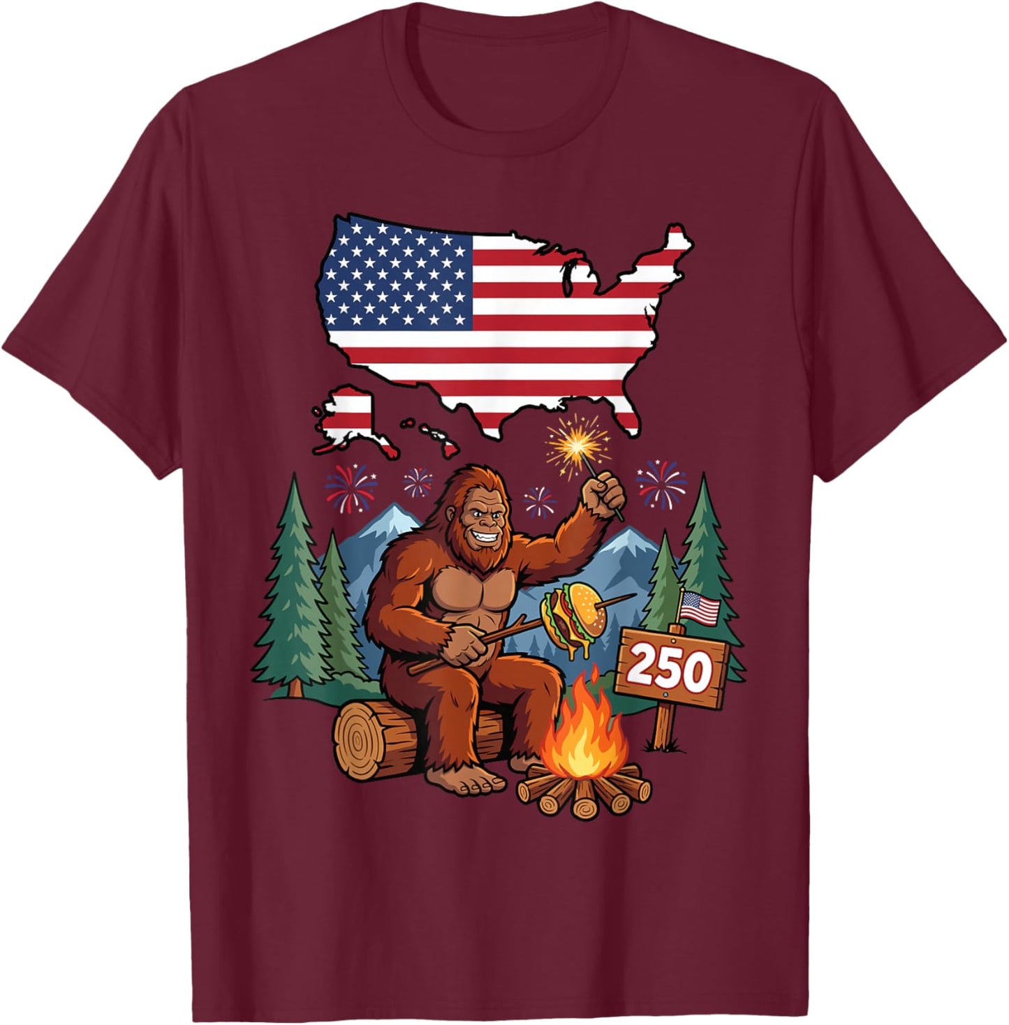 Bigfoot Campfire USA 1776 2026 Patriotic Sasquatch T-Shirt - T-Shirt | Maroon