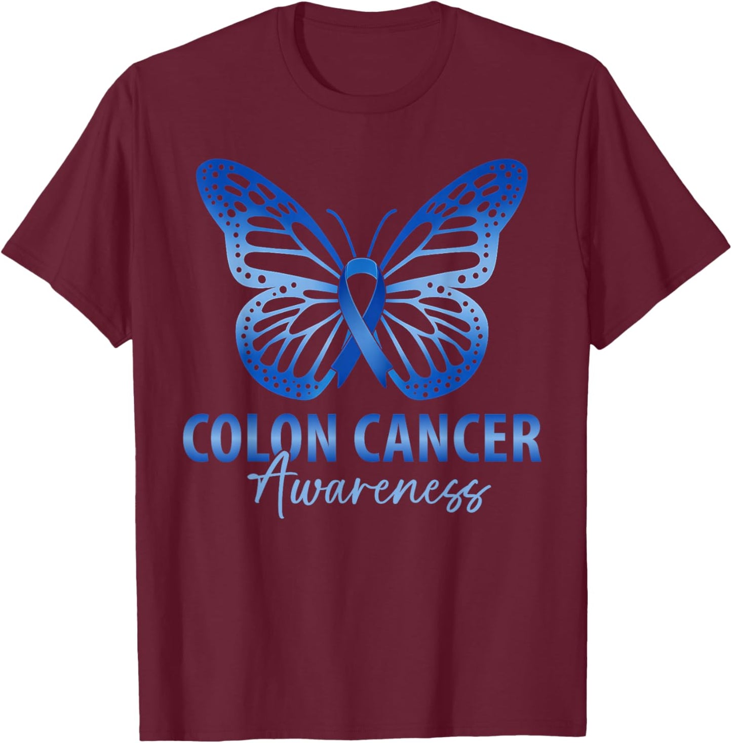 Colorectal Colon Cancer Awareness Blue Ribbon Butterfly T-Shirt - T-Shirt | Maroon