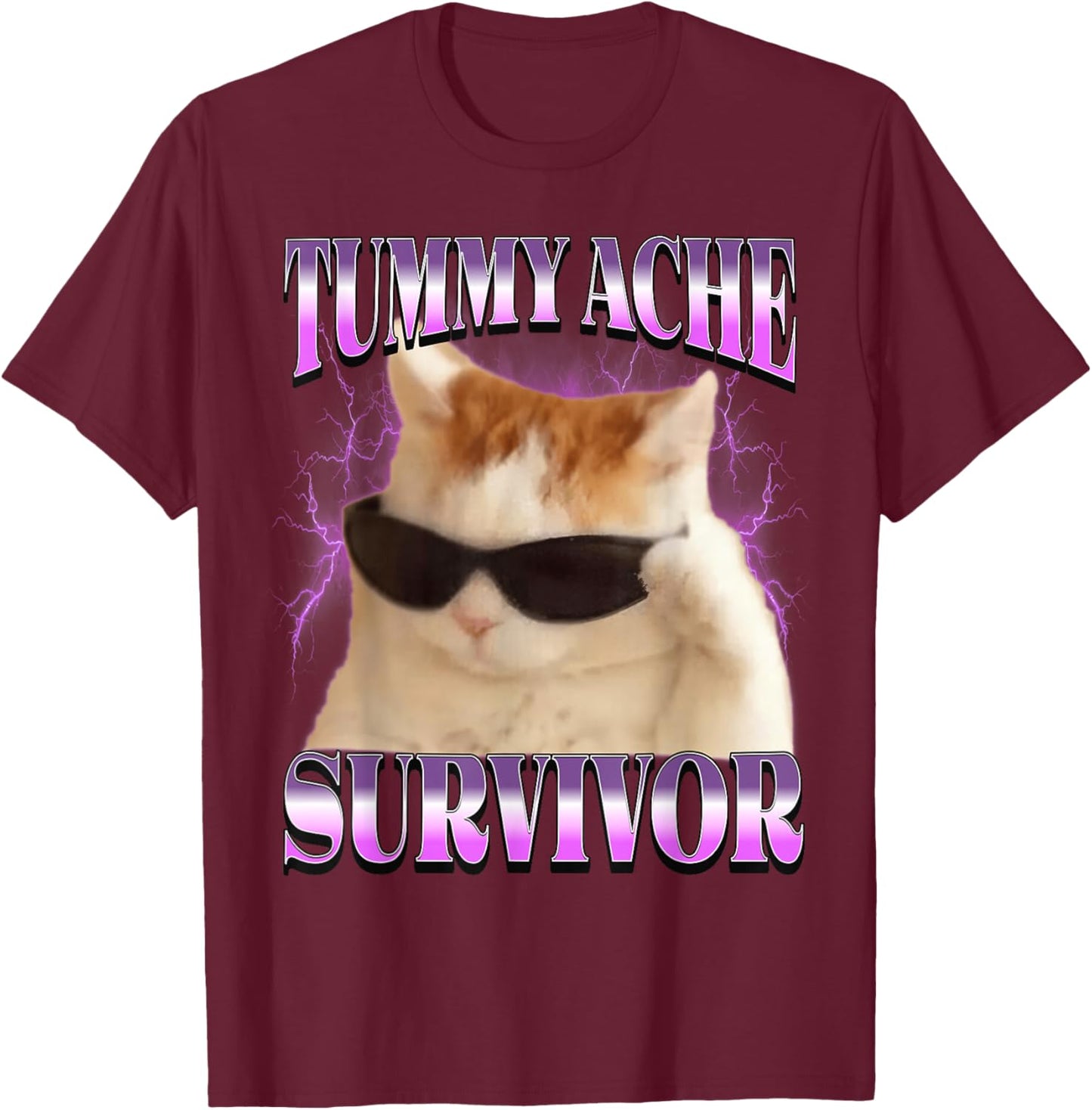 I Survived Today's Tummy Ache Cat Meme Funny Cats T-Shirt - T-Shirt | Maroon