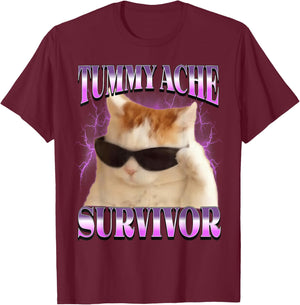 I Survived Today's Tummy Ache Cat Meme Funny Cats T-Shirt - T-Shirt | Maroon