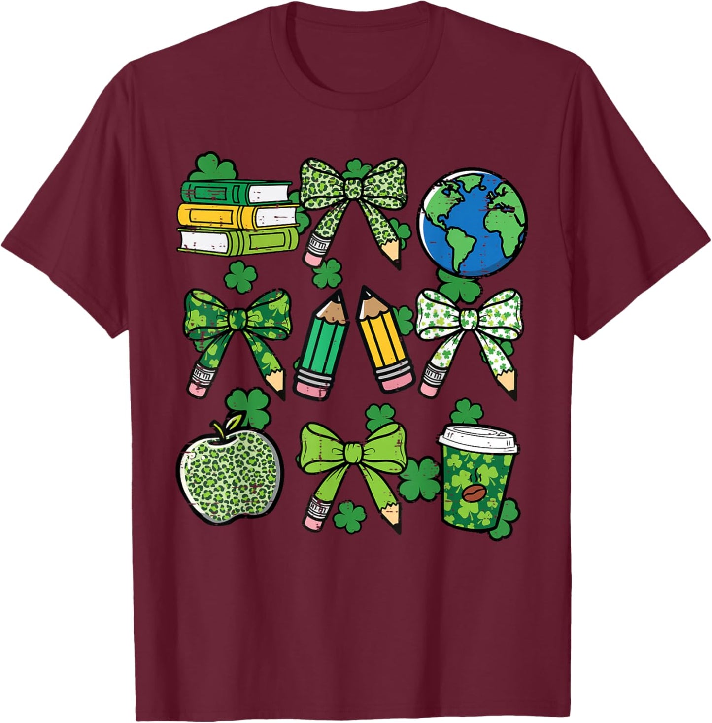 St Patricks Day Teacher Pencil Bow Saint Pattys Women Men T-Shirt - T-Shirt | Maroon