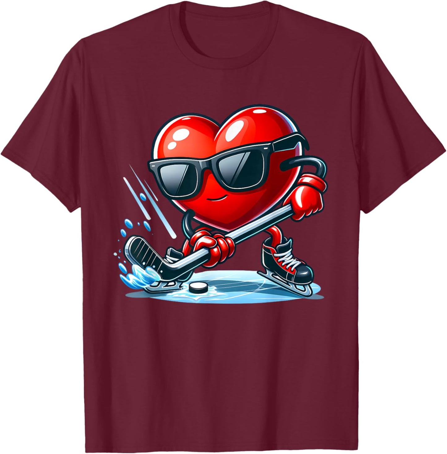 Funny Valentine Ice Hockey Player Red Hearts February 14 T-Shirt - T-Shirt | Maroon