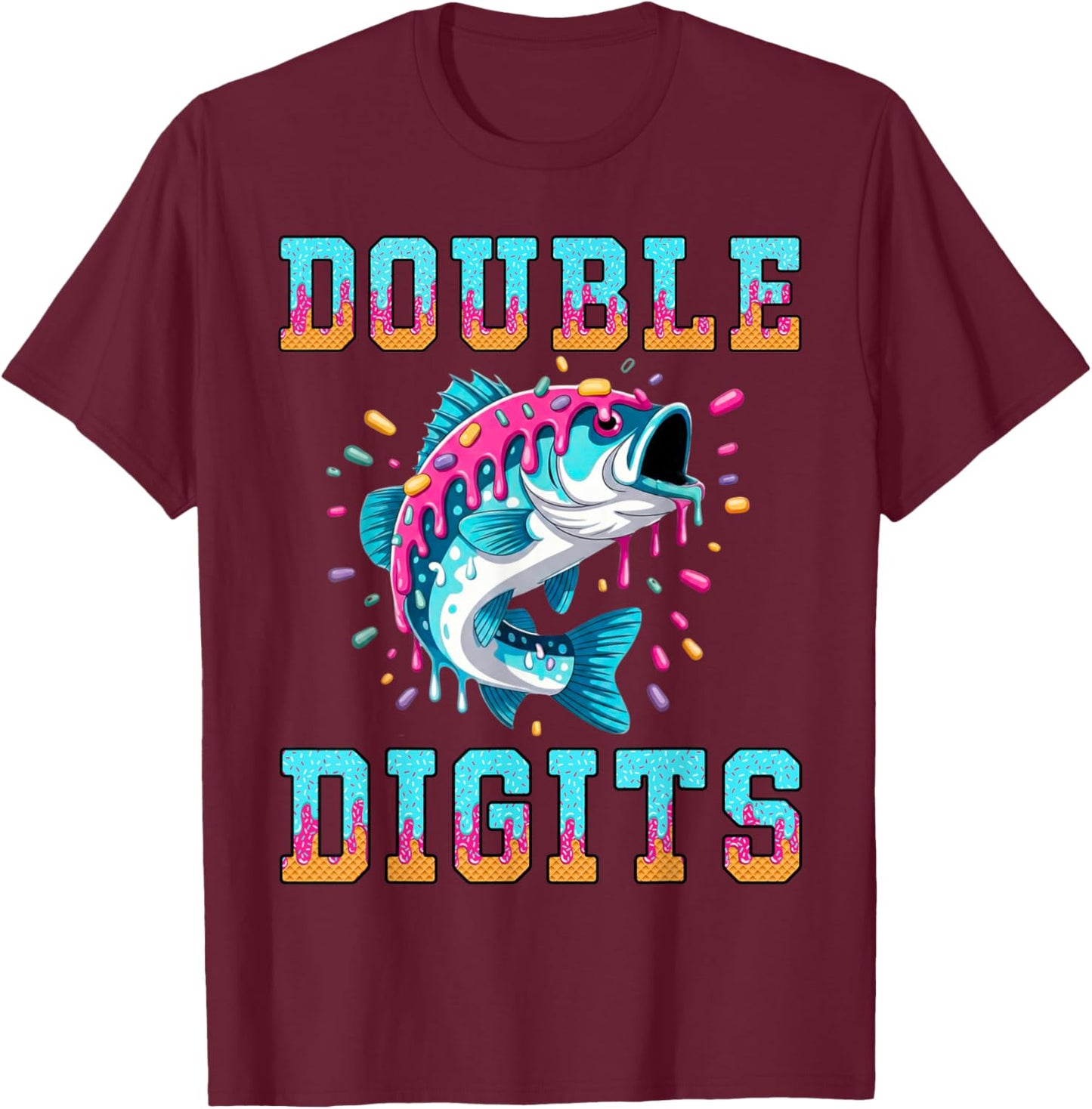 Fishing 10th Birthday Shirt Double Digits Ice Cream Drip T-Shirt - T-Shirt | Maroon