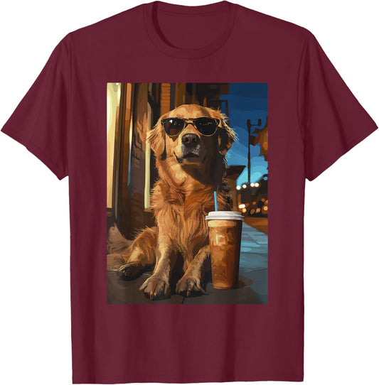 Golden Retriever with Iced Coffee T-Shirt - T-Shirt | Maroon