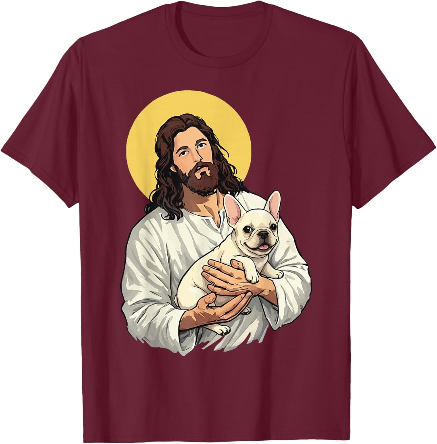 Jesus Holding French Bulldog Religious T-Shirt - T-Shirt | Maroon