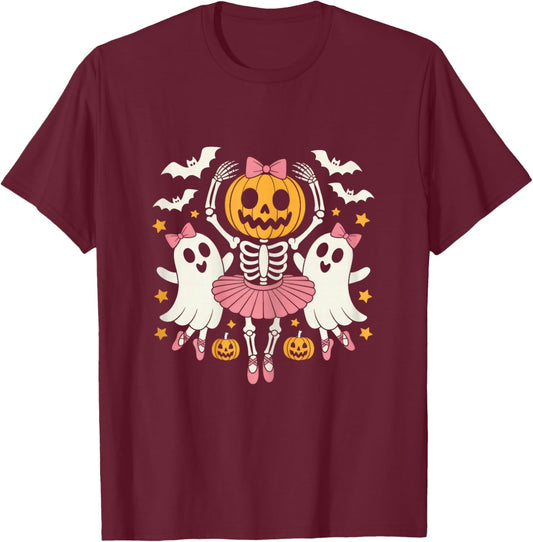 Cute Ballerina Skeleton Pumpkin Kawaii Ghost Ballet Dancer T-Shirt - T-Shirt | Maroon