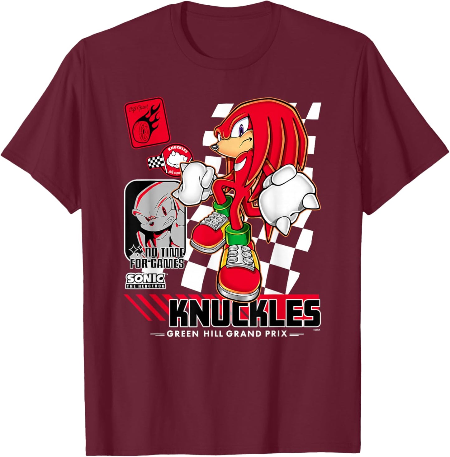 Sonic The Hedgehog Knuckles No Time for Games Poster T-Shirt - T-Shirt | Maroon