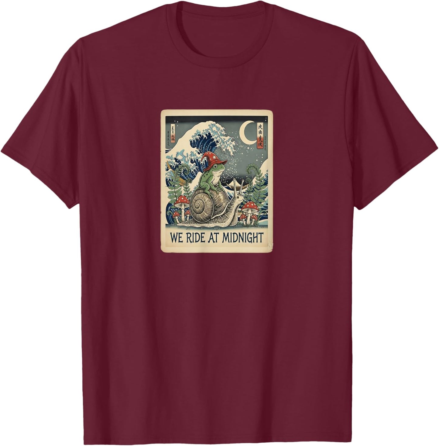 Japanese Aesthetic Frog Wizard Snail We Ride at Midnight Art T-Shirt - T-Shirt | Maroon