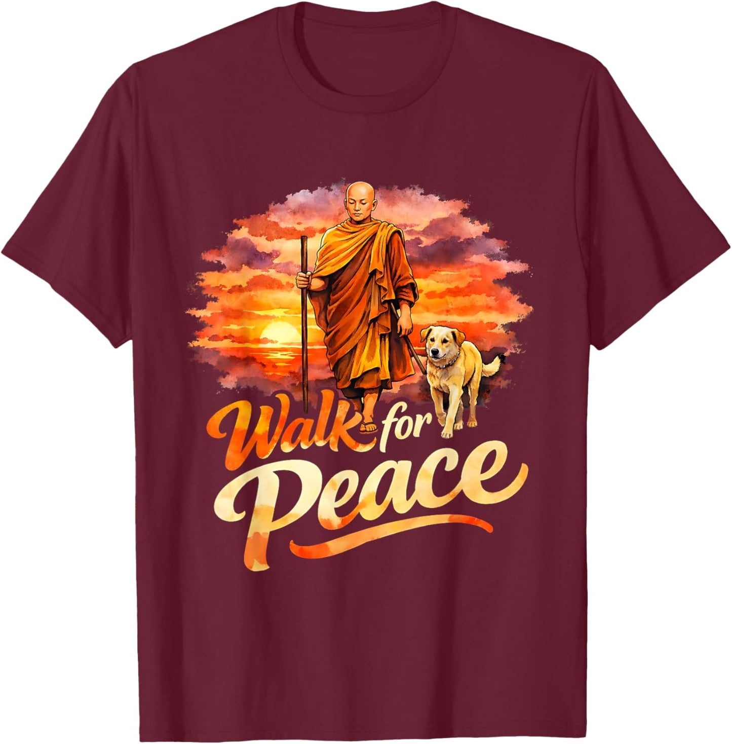 Walk for Peace Mindful Monk Spiritual Art T-Shirt - T-Shirt | Maroon