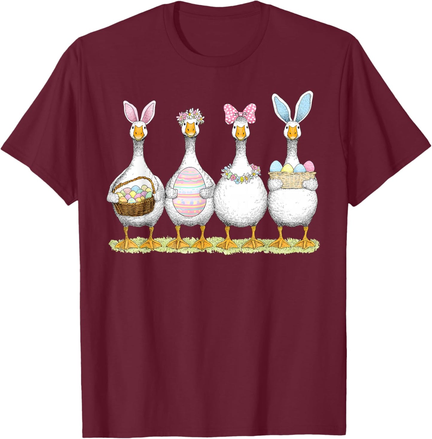 Happy Easter Cute Goose Bunny Ears Eggs Basket Girl Women T-Shirt - T-Shirt | Maroon