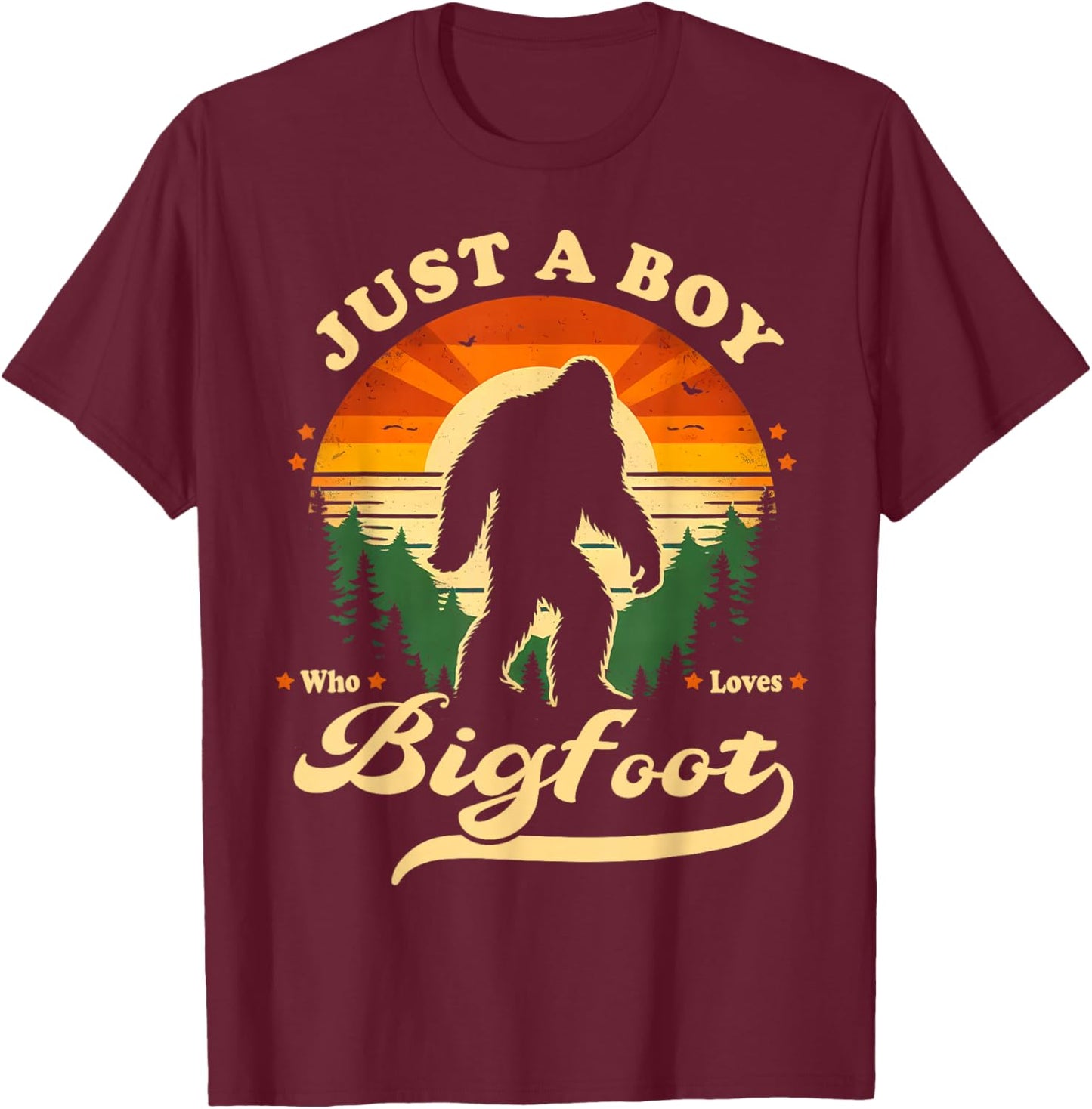Just a Boy Who Loves Bigfoot Retro Sasquatch Men Boys Kids T-Shirt - T-Shirt | Maroon