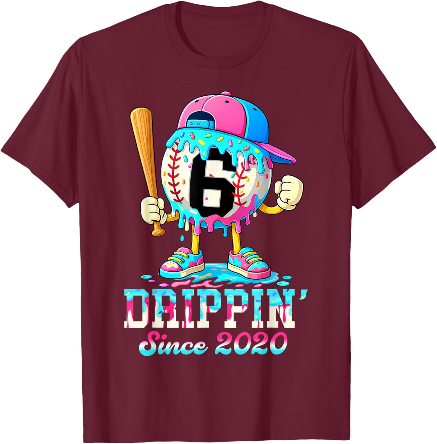 Baseball 6 Years Old Since 2020 Ice Cream 6th Birthday Boys T-Shirt - T-Shirt | Maroon