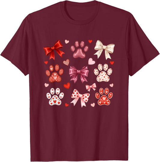Cute Dog & Cat Paw Valentines Coquette Bow Women Girls T-Shirt - T-Shirt | Maroon