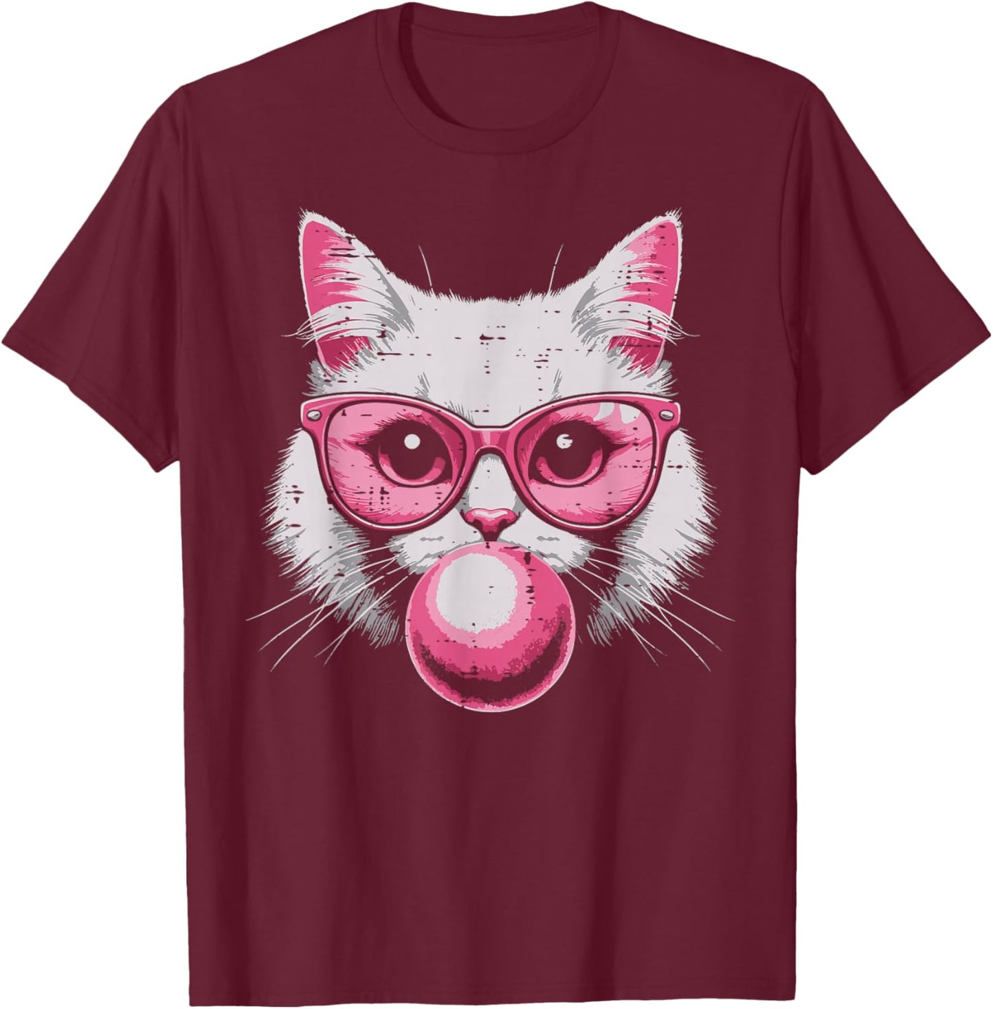 Cat Face Pink Glasses Bubble Gum Cute Kitty Women Girls Kids T-Shirt - T-Shirt | Maroon