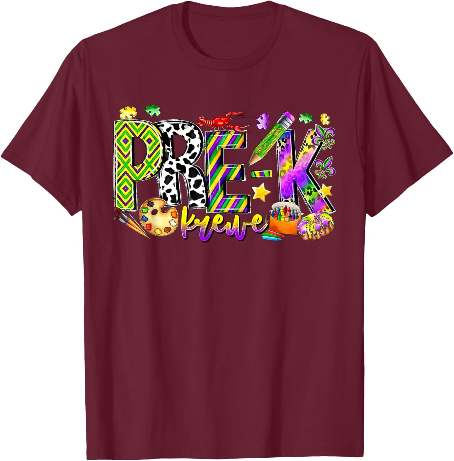 Retro Pre-k Krewe Mardi Gras Carnival Preschool Teacher Team T-Shirt - T-Shirt | Maroon