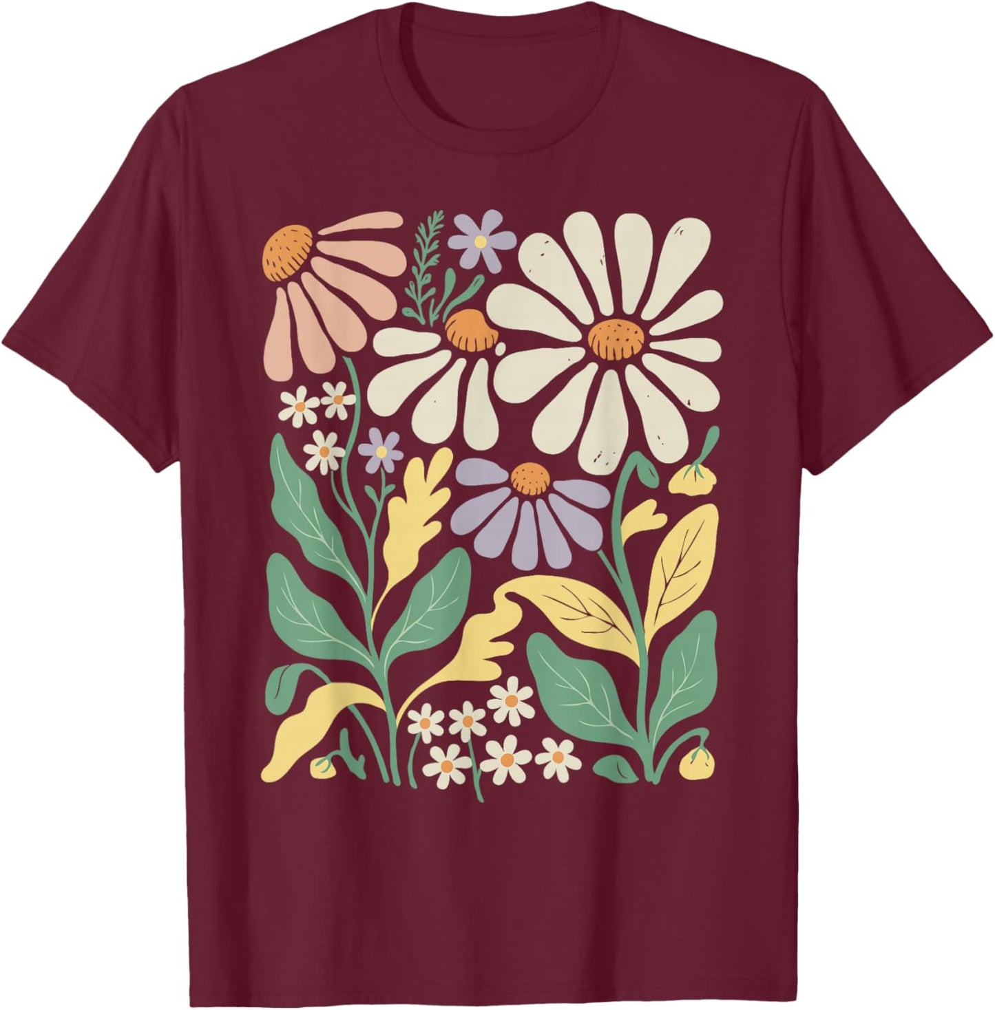Retro Wildflowers Flowers Pattern Summer Spring Boho Vintage T-Shirt - T-Shirt | Maroon