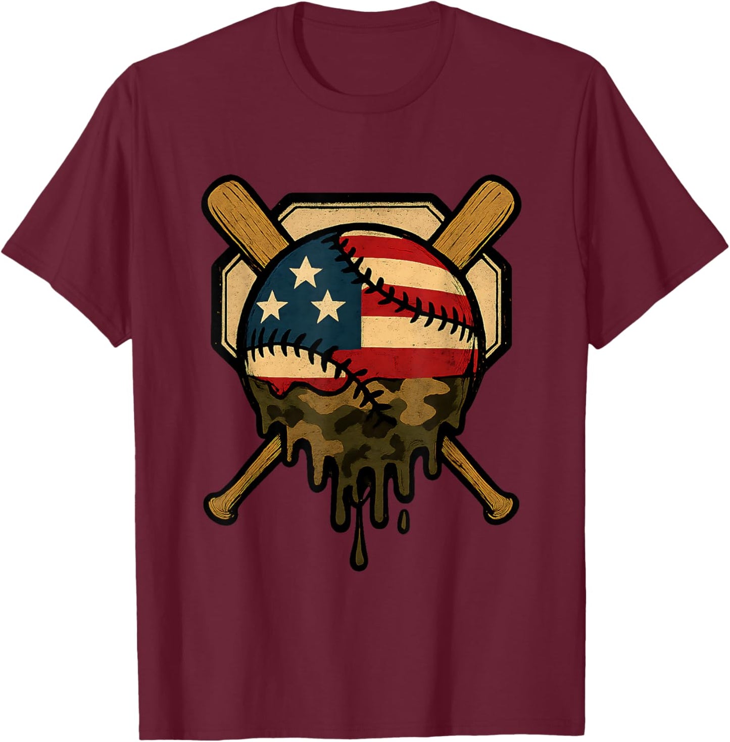 Baseball Drip for Boys Ice Cream Dripping American Flag Camo T-Shirt - T-Shirt | Maroon
