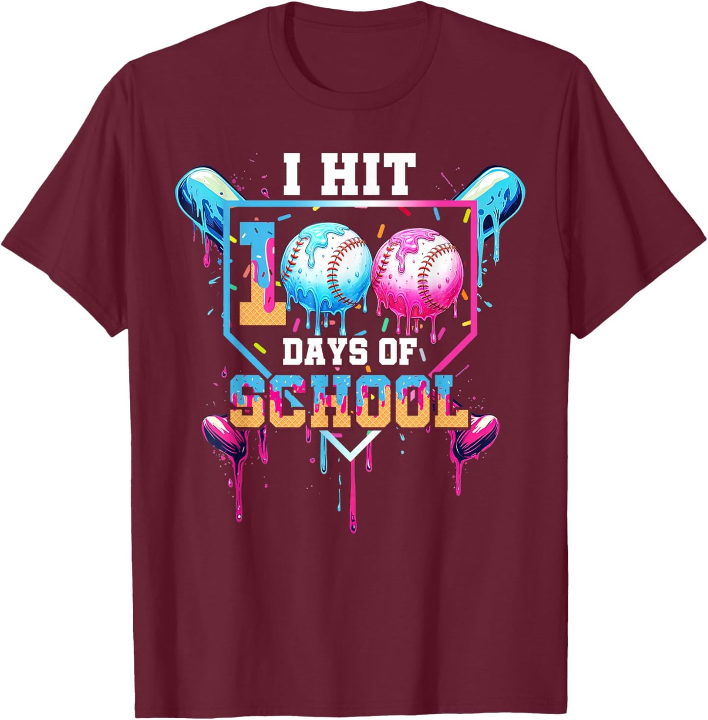 Baseball Ice Cream Drip I Hit 100 Days of School Boys Kids T-Shirt - T-Shirt | Maroon
